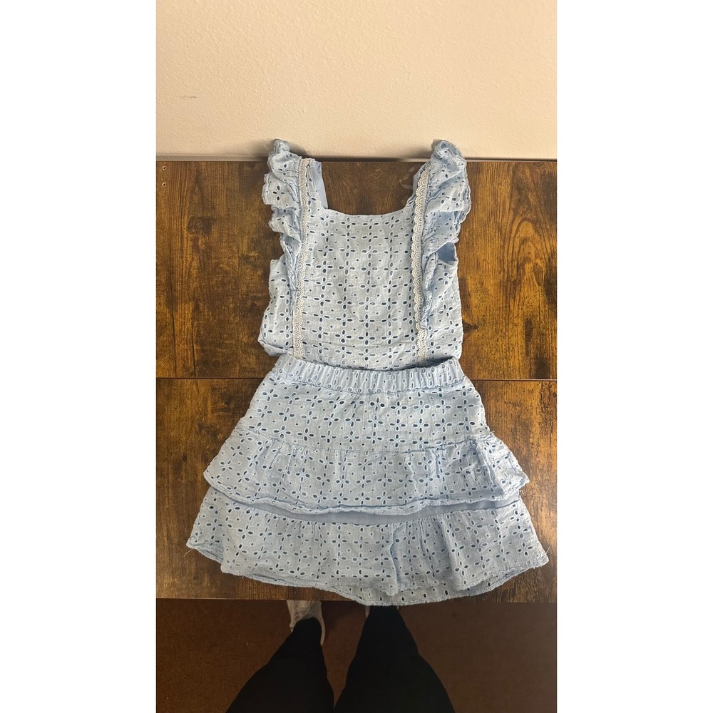 Badgley Mischka Kids Girls Blue Eyelet 2 Piece Set Ruffle Skirt Flutter Top 6